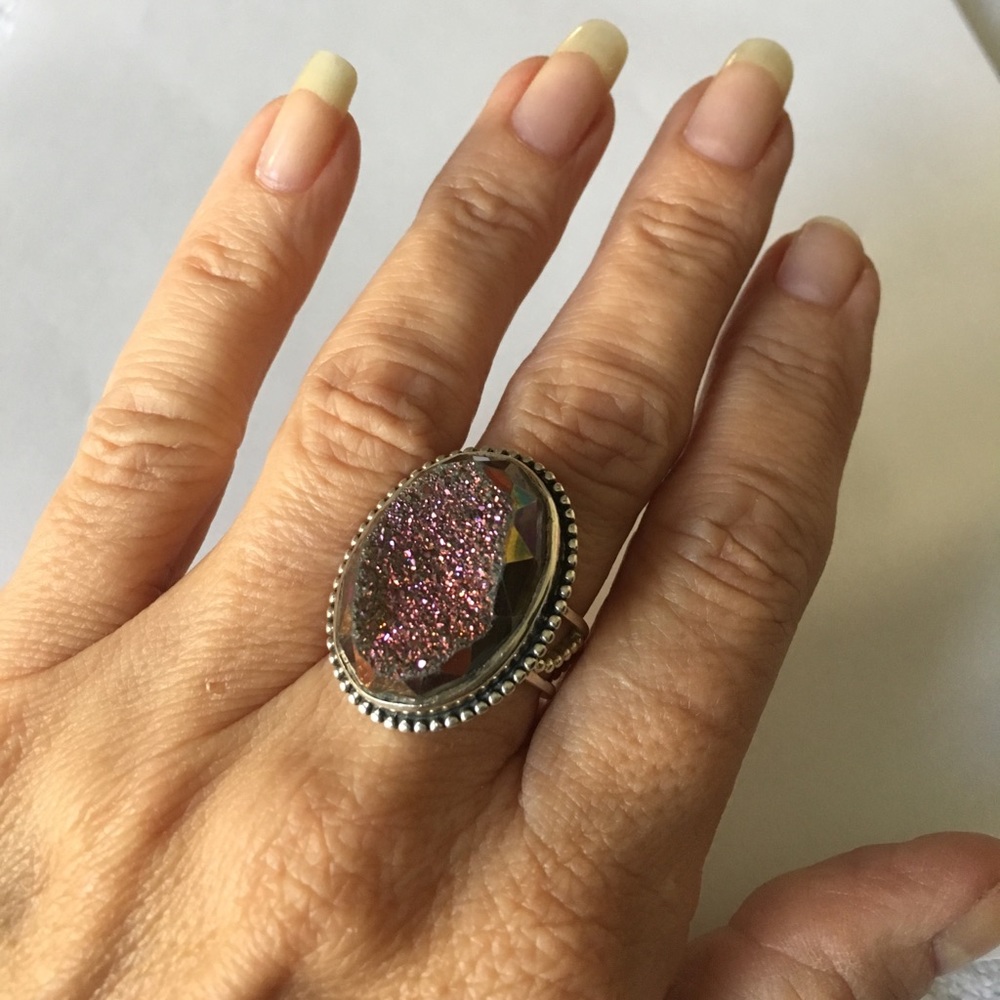 Colleen Lopez Druzy Quartz Ring S. Silver Sz 8.5-9